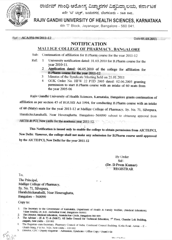mallige college of pharmacy AFFILIATION 